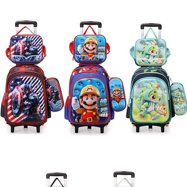 Cross-border Kids Backpack Set with Trolley Bag, 3D Detachable Student Backpack