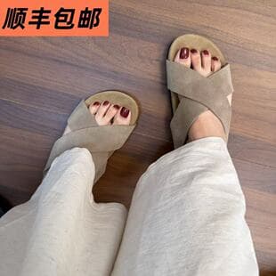 2026 Summer New Row Minimalist Cross One-Band Slide Sandals Women Genuine Leather Flat Sole Beach Sandals Outdoor