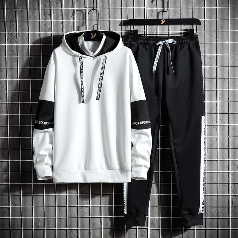 Knitted Suit Cross-Border Men Autumn Polar Fleece Hooded Sweatshirt Two-Piece Set Korean Style Slim Fit Cropped Pants Sportswear