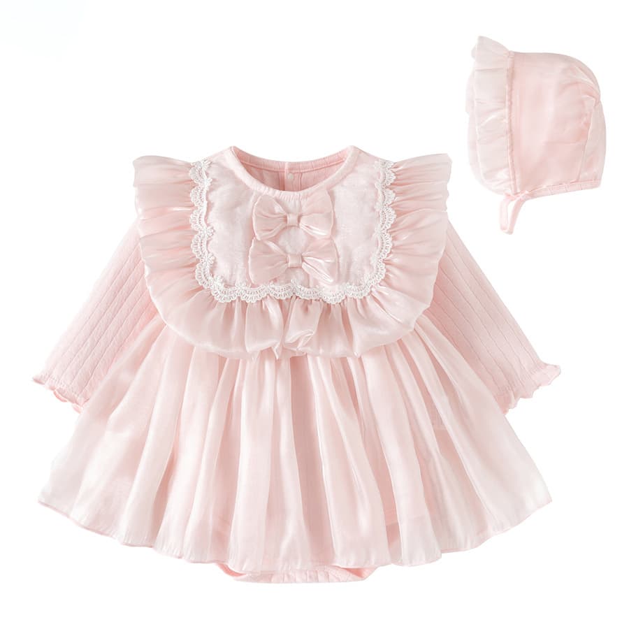 Newborn Long-Sleeve Princess Sweet Dress for Girls, Class A, with Bow and Mesh Tutu Skirt