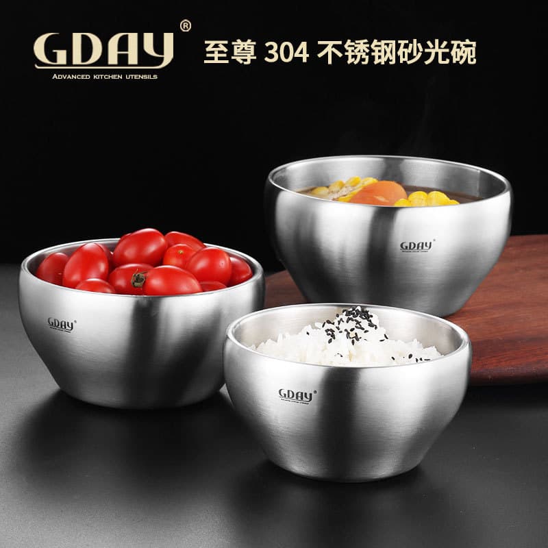 304 Stainless Steel Food-Grade Double-Layer Bowl, Thickened Household Adult Bowl, Heat-Insulated and Anti-Scald Bowl, Ramen Bowl, Soup Bowl, Rice Bowl