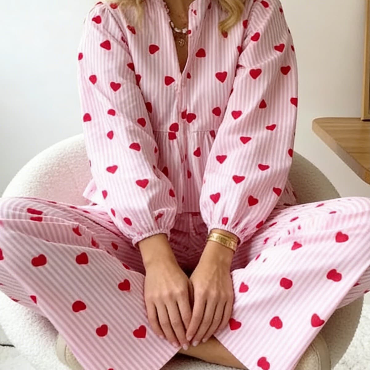 European and American Spring/Autumn Home Pajama Sets Chiffon Breathable Striped Heart Print Pajamas Sets Loungewear