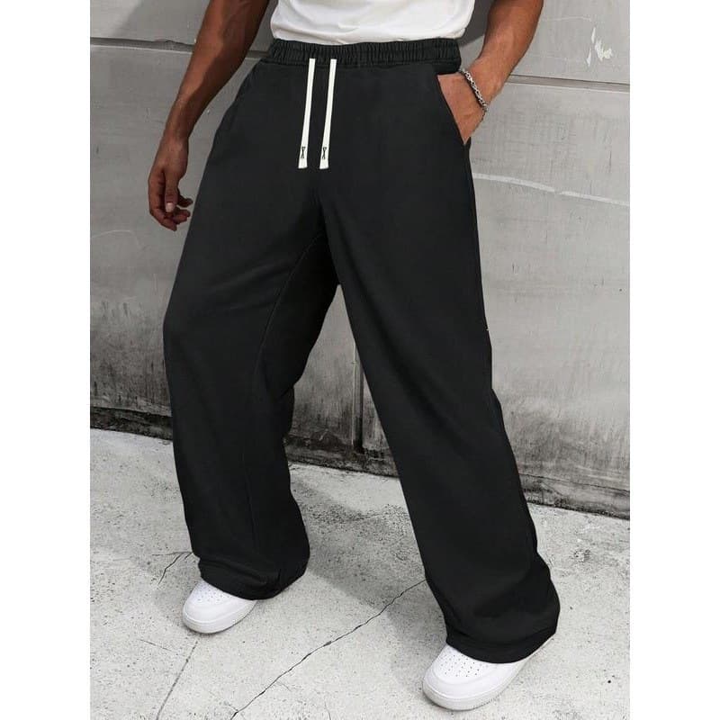 2025 new American style cross-border men's solid color wide-leg pants casual drawstring loose version sports straight pants trousers