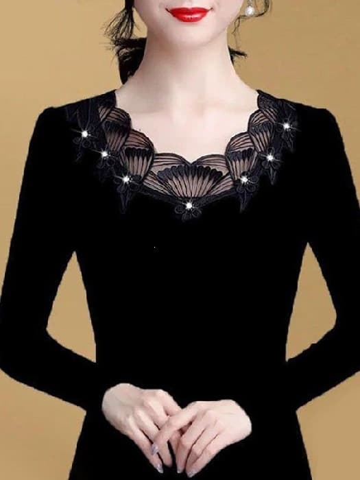 (Milk Silk Brushed) Lace Camisole Women's Long Sleeve New Plus Size Fashionable Versatile Top Mesh Sheer