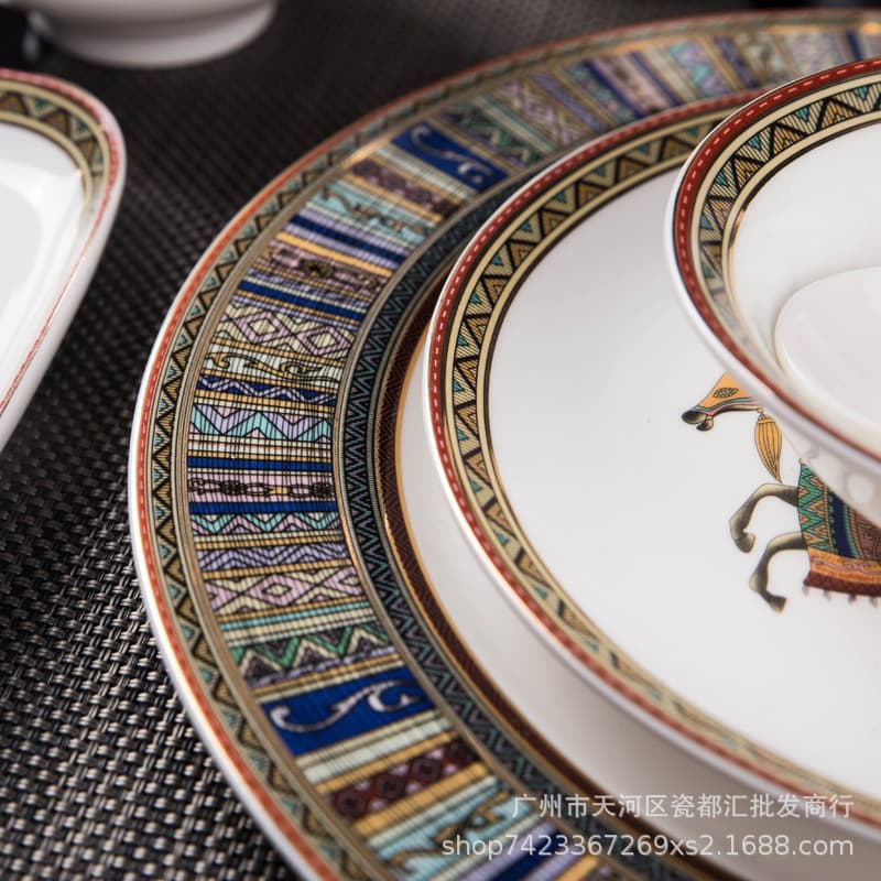 Premium Hotel Ceramic Tableware Set - Horse to Success 4-Piece Set for Restaurants and Clubs, Including Bone Plate, Wing Bowl, Soup Spoon, and Cup
