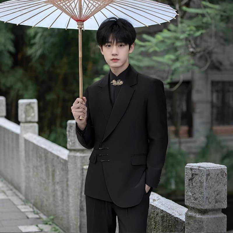 New Chinese Style Wedding Suit Gold Button Zhongshan Jacket Men's National Style Tang Suit Men's Wedding Engagement Casual Suit Set