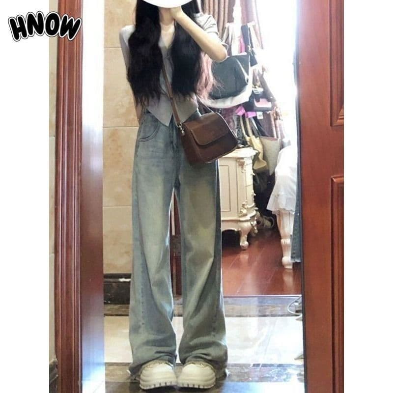 American Retro Raw Hem Wide Leg Jeans for Women Spring Autumn New High Waist Loose Slimming Flared Straight Leg Denim Pants