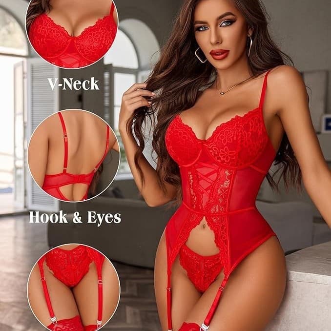 Sexy Lingerie Lace See-Through Bodysuit with Thong Two-Piece Set New Hot Flirting Sexy Lingerie