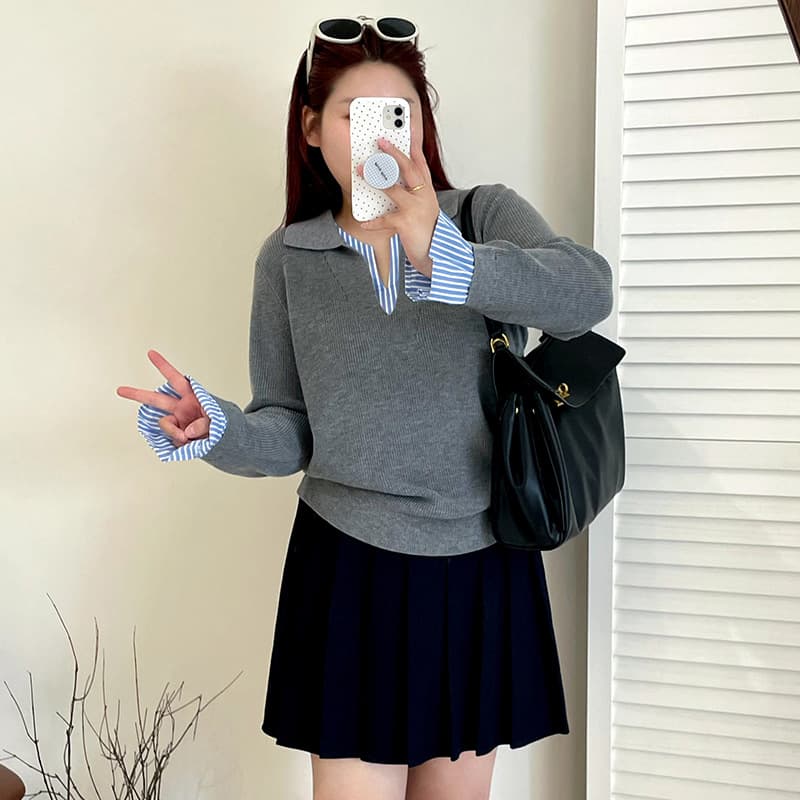Plus Size Women's Patchwork Polo Shirt, Elegant Preppy Style Top, Autumn 2025, Casual Knitwear for Curvy Women, 23216