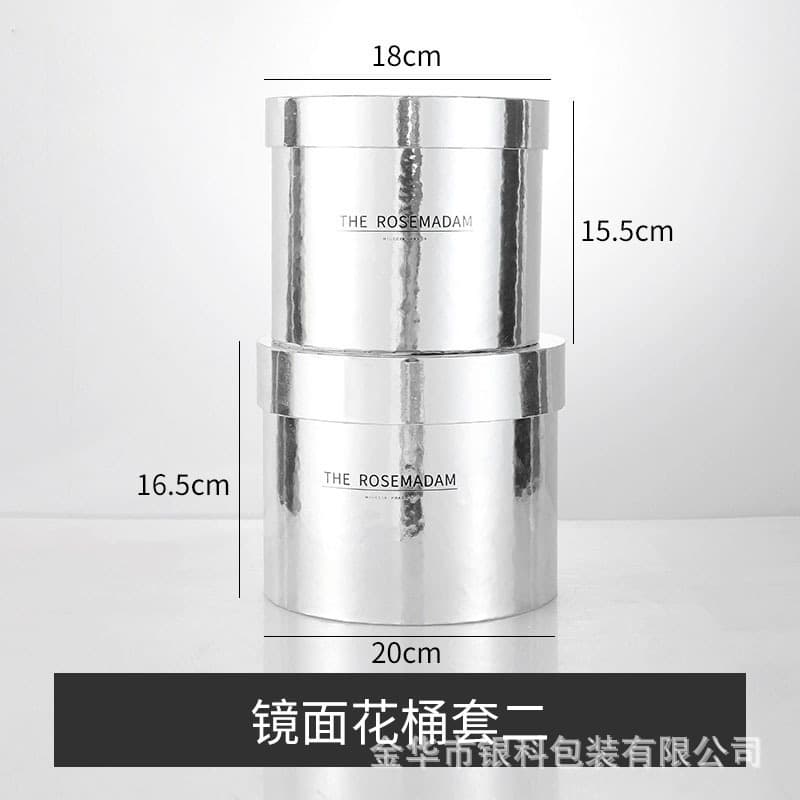 Silver Set of Two Round Hug Buckets Wholesale Flower Packaging Box Mirror Bright Silver Flower Arrangement Bucket Valentine's Day Rose Box