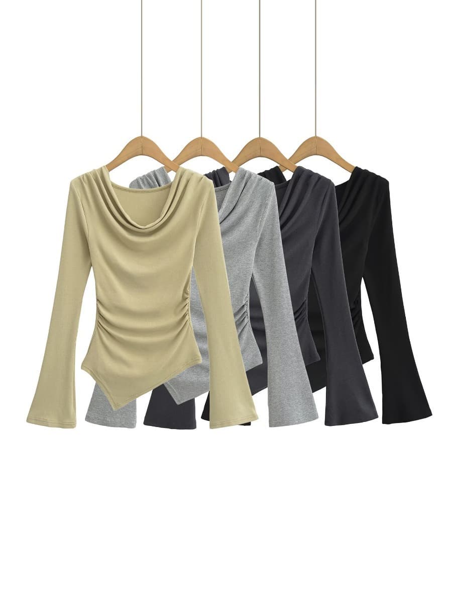 European and American Pure Desire Swing Collar Solid Color Slim Fit Irregular Long Sleeve T-Shirt Women's 2024 Autumn New Bottoming Shirt Top