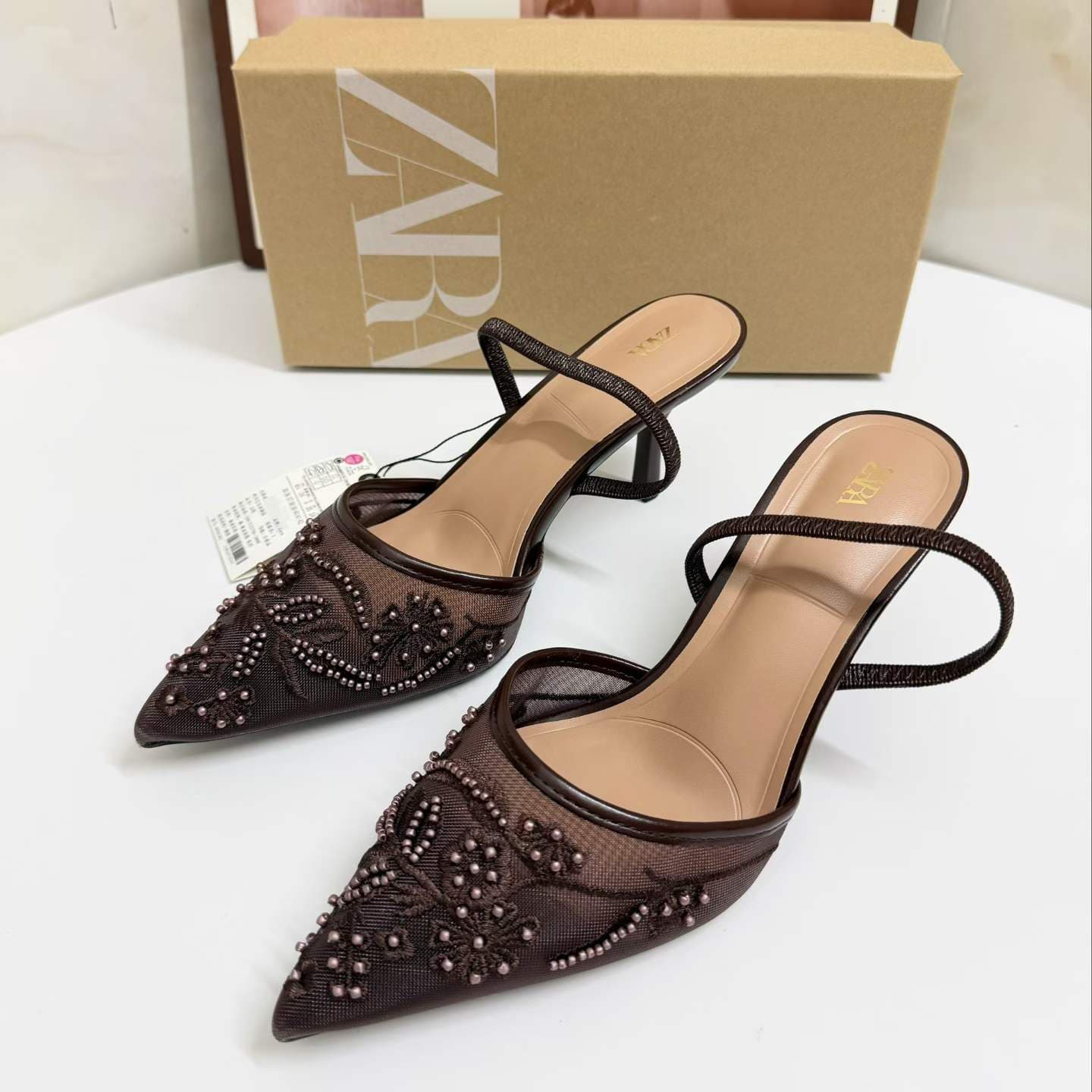 ZA2026 Spring/Summer New Women's Shoes Pointed Toe Shallow Mouth White Embroidered Mesh Beaded Stiletto Heel Open Back Mule Sandals