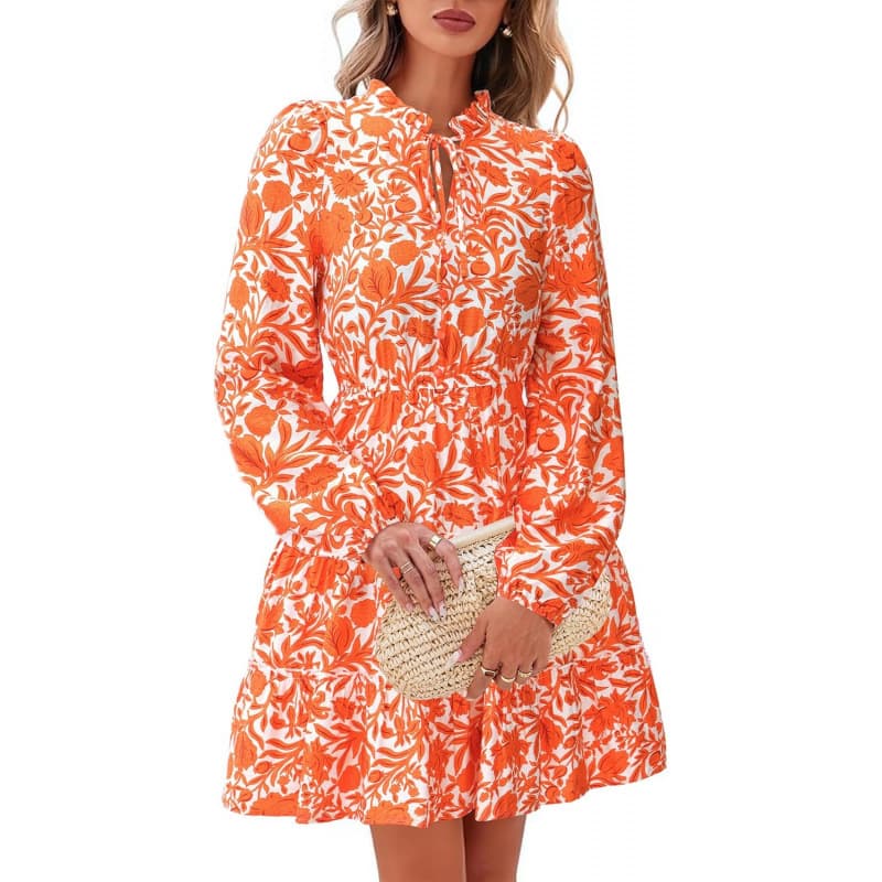 BTFBM Women Fall Dresses 2025 Floral V Neck Long Sleeve Tier