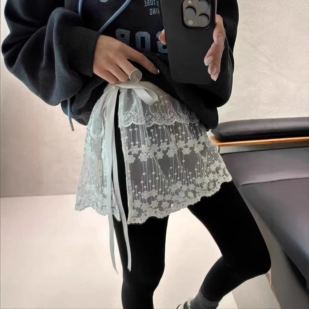 White flower mesh lace butt curtain women's spring and summer ballet style sweet bow tie outer layered skirt
