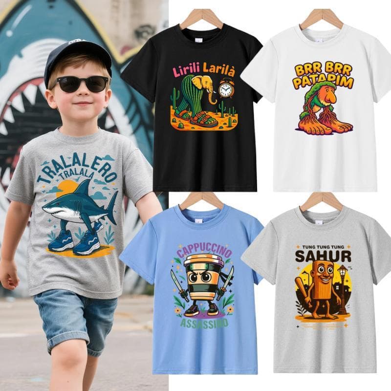 European Size Cross-Border Cotton 7-13T Italian Brainrot Gen Z Humor Meme Kids T-Shirt