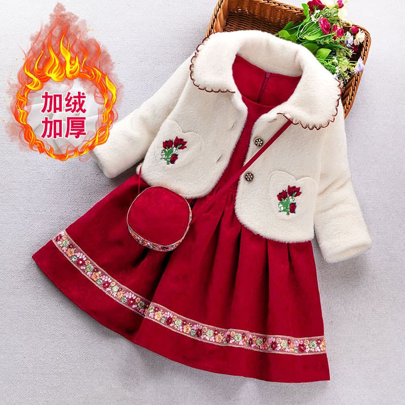 Girls 2026 Autumn/Winter New Dress Velvet Lining Stylish Thickened Children Princess Set Winter New Year Visiting Outfit