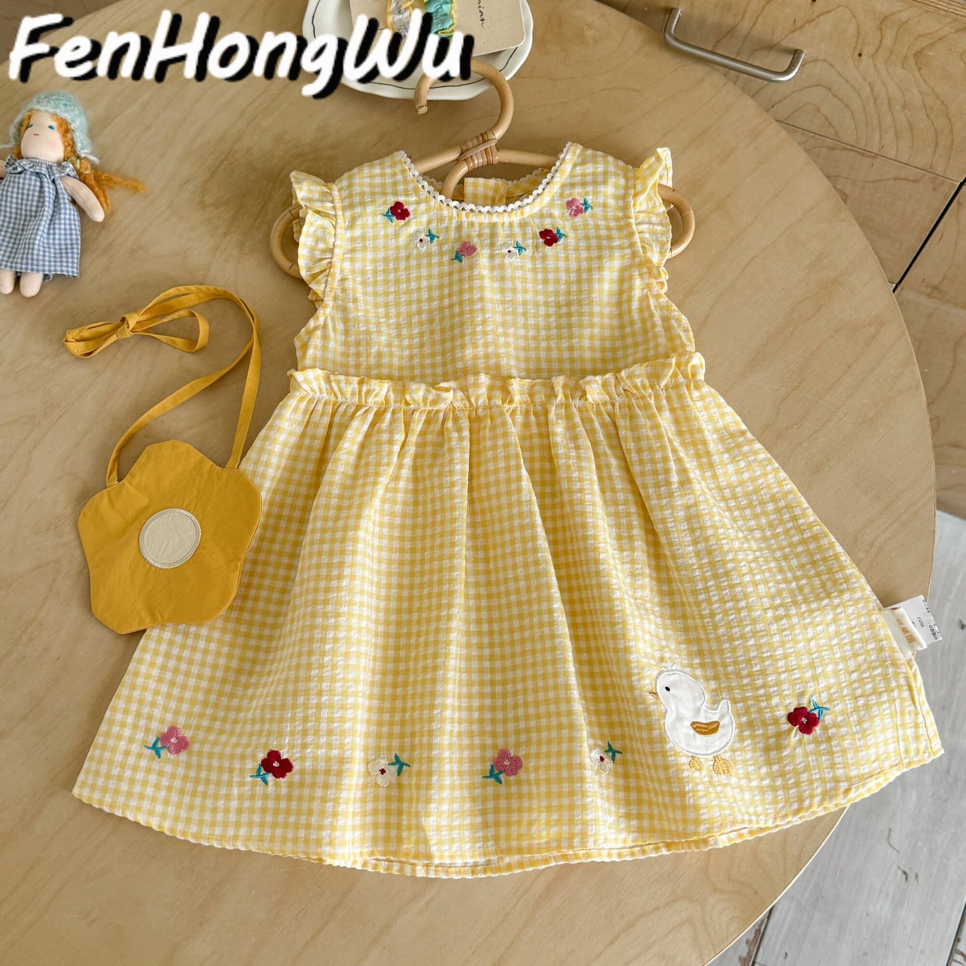 Pink House Summer Forest Cute Princess Dress for Girls New Sweet Plaid Vest Dress