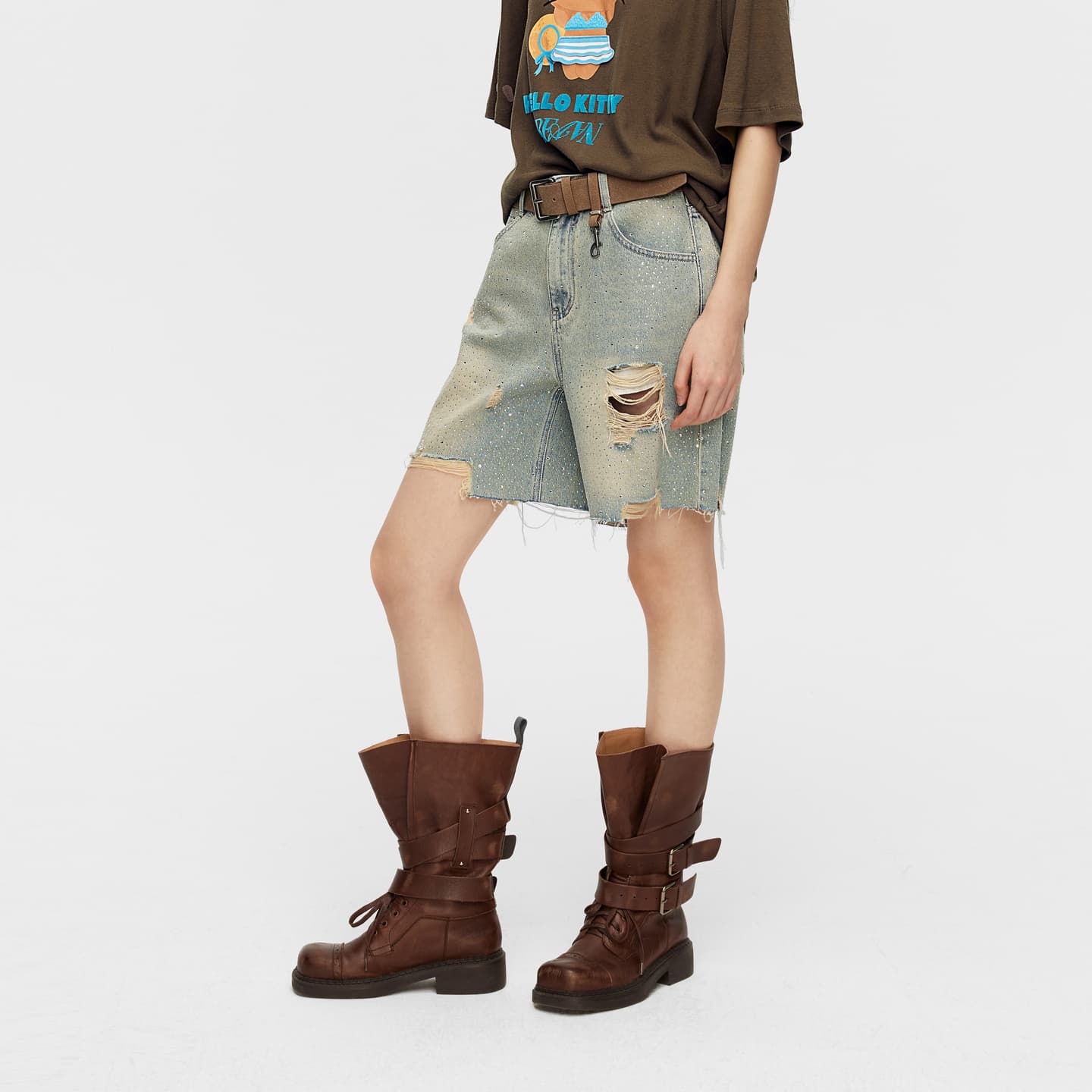REVAN Designer Vintage Relaxed Distressed Frayed Rhinestone Denim Bermuda Shorts Mid-High Waist 5-Inch Inseam