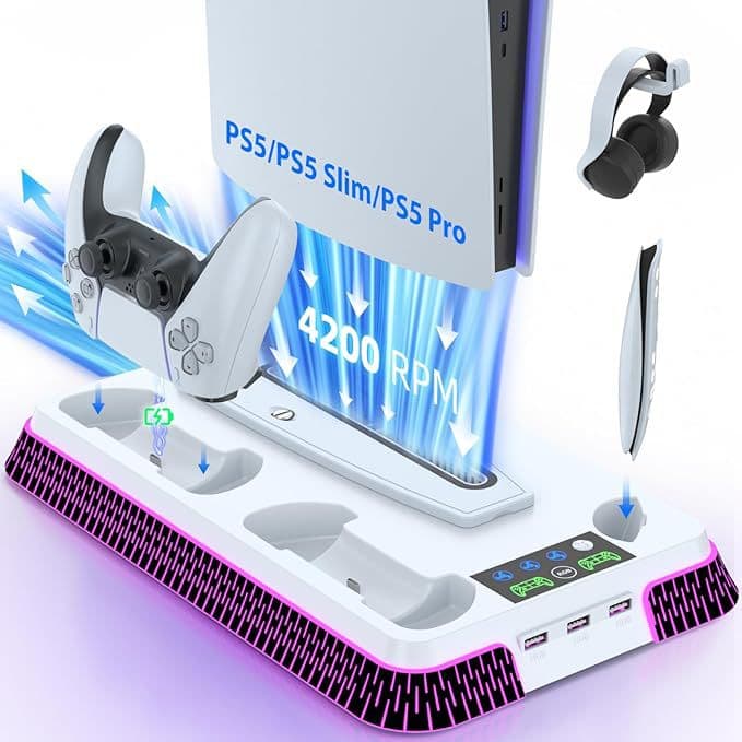 Multifunctional Cooling Stand with RGB PS5 Controller Charging Dock for PS5/PS5 PRO/PS5 Slim