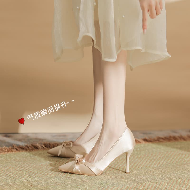 2025 New Pointed Toe Stiletto Heels Plus Size Wide Width Butterfly Knot Women's Single Shoes Wedding Shoes Fairy Style Bridesmaid