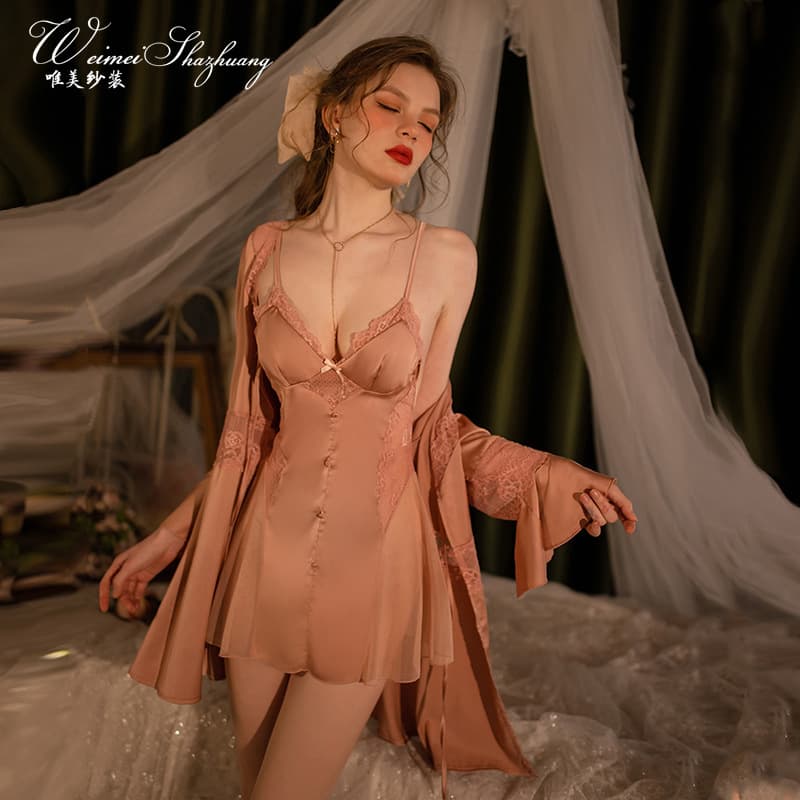 Sexy Sleepwear Women's Padded Lace Chemise Set, Sheer Deep V-Nightgown with Suspender Straps, Pure Desire Sleepwear Set