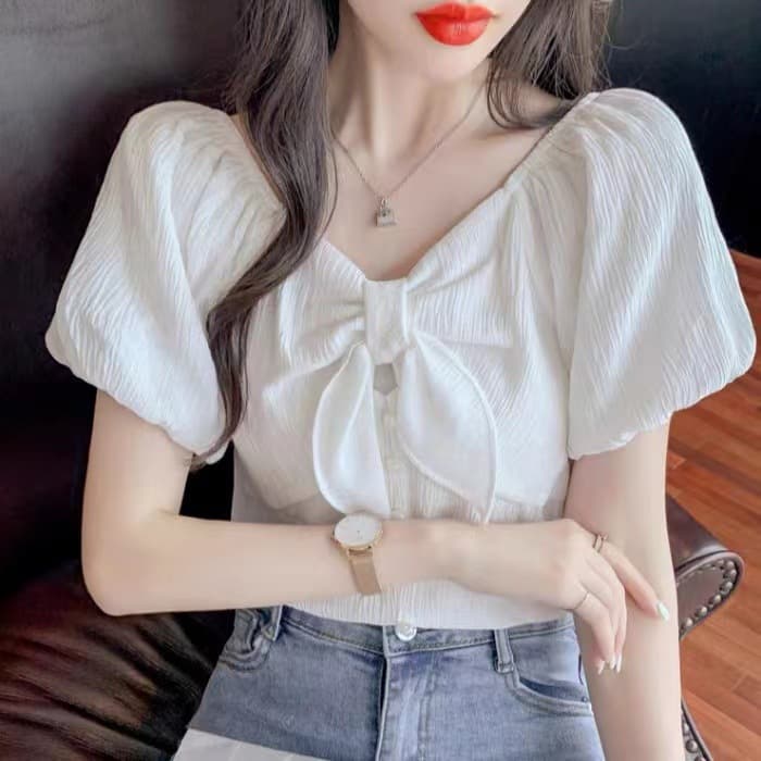 Elegant Chiffon Bubble Sleeve Shirt Women's Summer Design Butterfly Knot Chic Top Fashionable Commute Style Short Sleeve V-neck