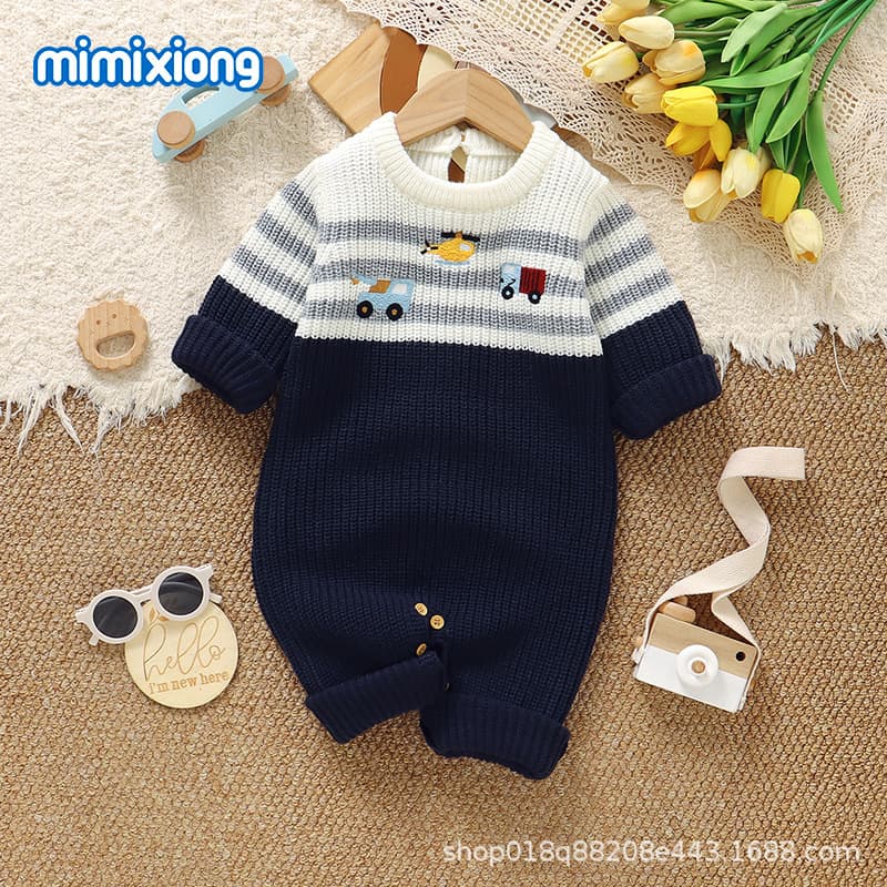 Cartoon vehicle knitted jumpsuit for boys Baby striped contrasting color construction vehicle and airplane crawl suit