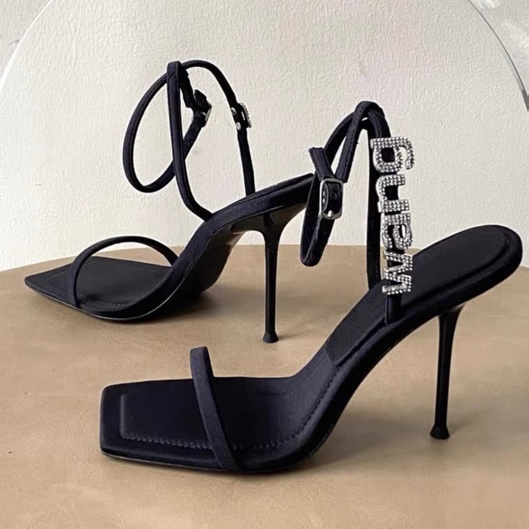 Summer Style High Heels Women's Sandals with Buckle Strap Medium Heel Diamond Embellished Square Head Versatile Strap Shoes