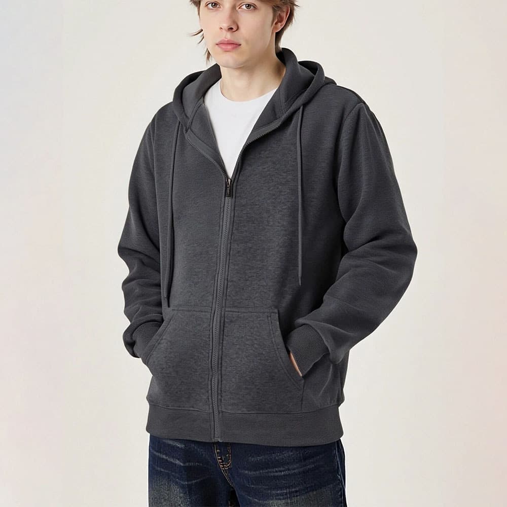 Cross-border Autumn Winter Men's Solid Color Long Sleeve Hooded Sports Casual Fleece Minimalist Comfortable Jacket Men's Cardigan Sweatshirt