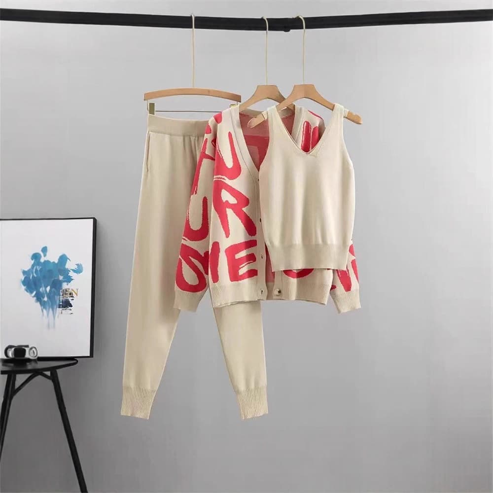European Style Fashionable Slimming Knitted Suit Women's Spring/Autumn Casual Trendy Three-Piece Set Elegant Chic