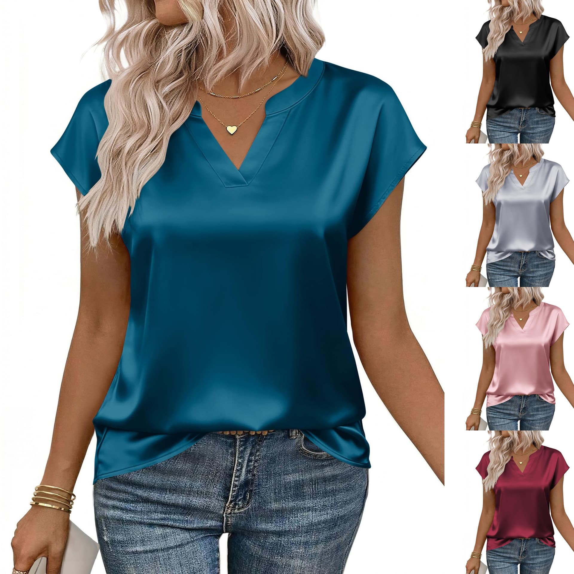 2026 European and American Cross-border T-shirt V-neck Satin Short Sleeve Women's Amazon Bestseller Blouse Foreign Trade Women's Clothing AliExpress Top