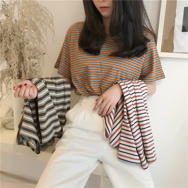 Summer Stripe Short Sleeve T-shirt Women Base Shirt Women Clothing Loose Style Polyester Fabric Comfortable Casual