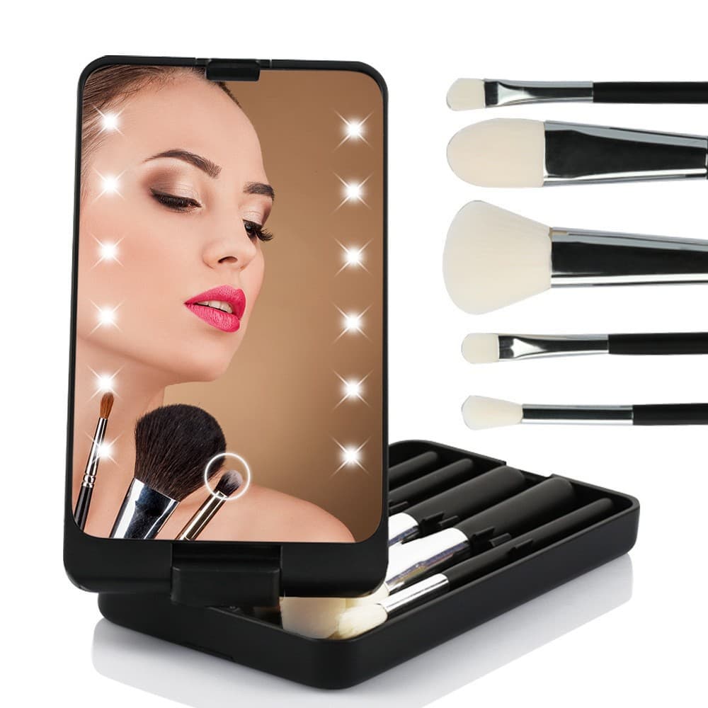 Cross-border Amazon New Convenient LED Makeup Mirror with Makeup Brush Storage Box, Rotating Folding Storage Box