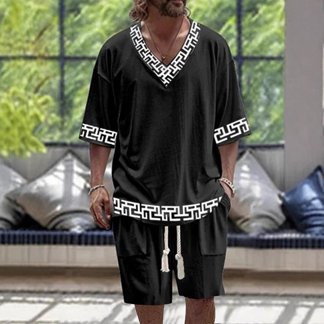 2026 Cross-Border Casual Suit for Men, Summer Loose Short-Sleeved Knitwear, Shorts, V-Neck Sports Suit, Two-Piece Set
