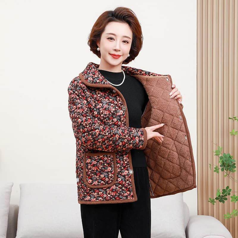 Autumn and winter fleece-lined middle-aged and elderly cotton clothing, large size loose lapel cotton coat, thick coat, warm mother's cotton jacket top.