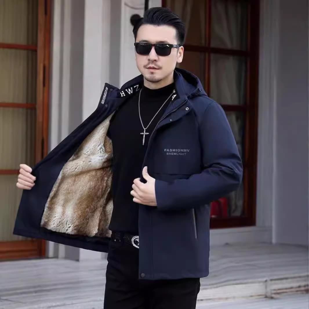 Men's Parka New Short Style with Detachable Mink and Rabbit Fur Lining, Grass Fur Integrated Winter Thickened Coat