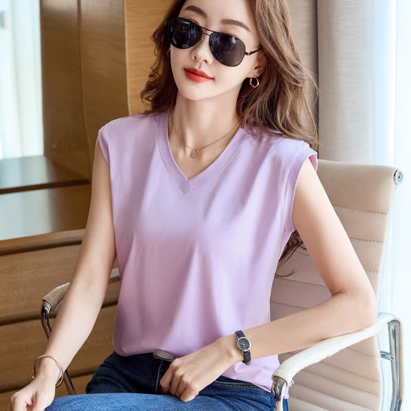Yuwei 2820# Real Shot Summer New V-Neck Sleeveless Vest Mercerized Cotton T-Shirt Slim Fit Versatile Simple Women's Top