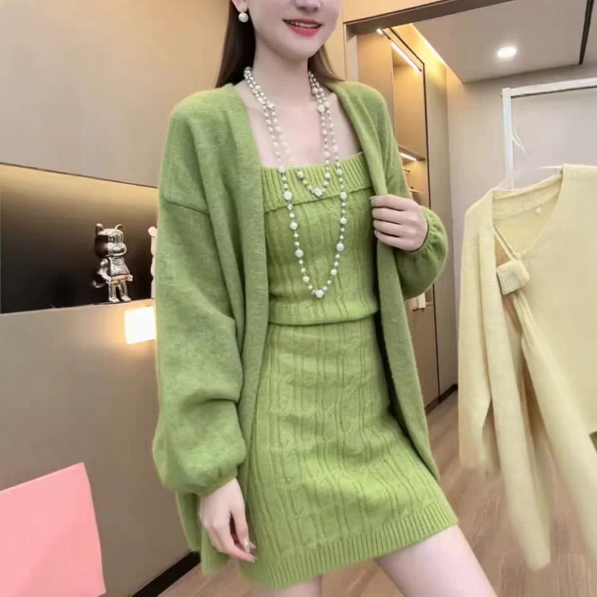 Korean Style Elegant Fashion Cardigan Sweater Set Slim Fit Knit Camisole Short Skirt Two-Piece Outfit for Women