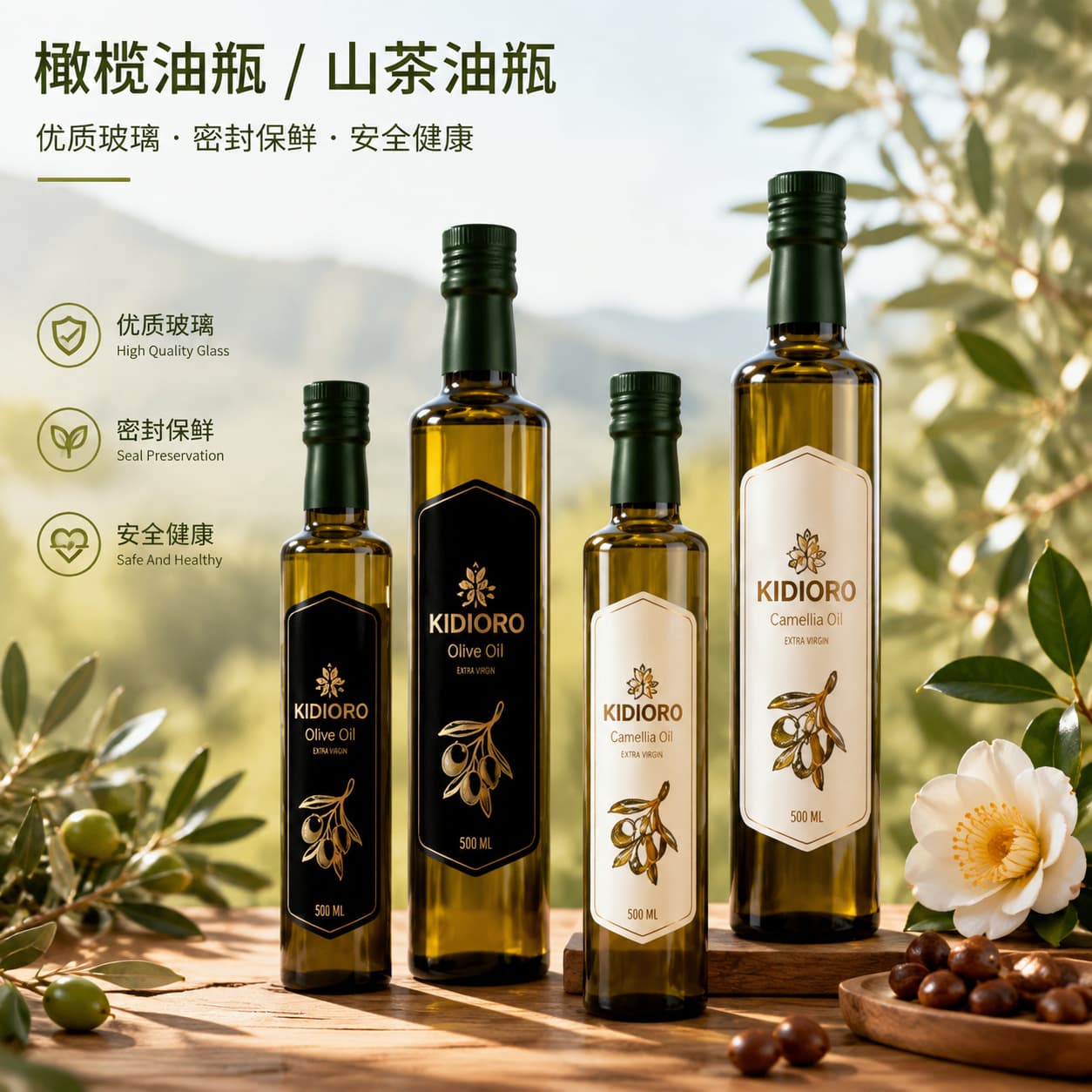 Square Olive Oil Glass Bottle, Amber Light-Blocking Camellia Oil Bottle, Olive Oil Bottle, Glass Bottle, Camellia Oil Bottle