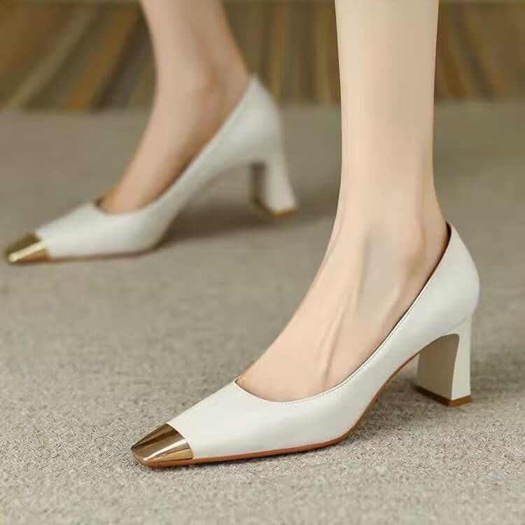 Women's French high heels, stiletto heel, metal toe, square toe, professional, elegant, celebrity style, shallow mouth, goddess look, chunky heel pumps