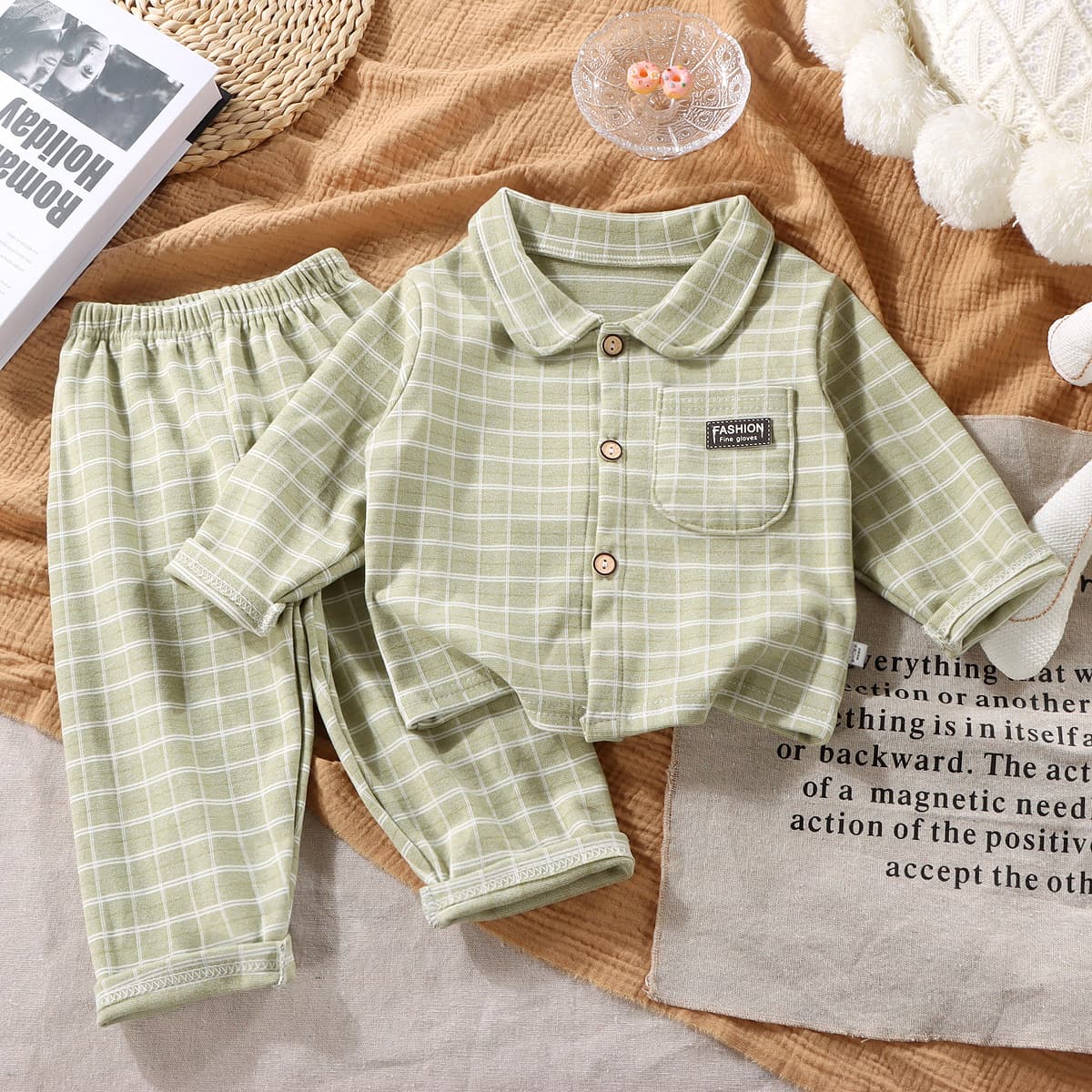 New Children's Turn-down Collar Homewear Set Checkered Pajamas German Fleece Cardigan Boys and Girls Warm Thermal Underwear Autumn and Winter Style