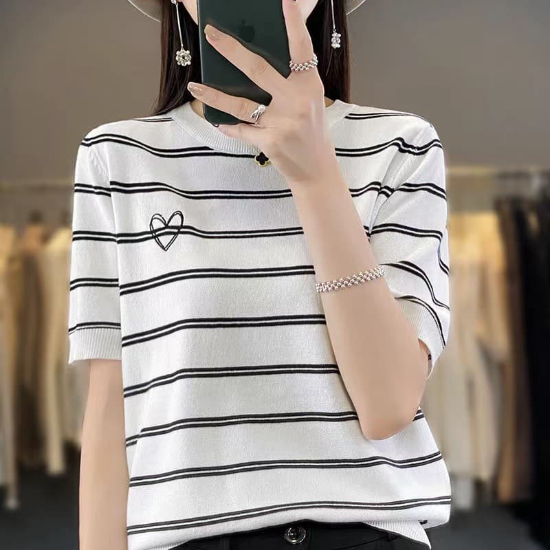 Wholesale 2024 Summer New Love Striped Knitted Short Sleeve Women's Embroidered T-Shirt Loose All-match Base Top