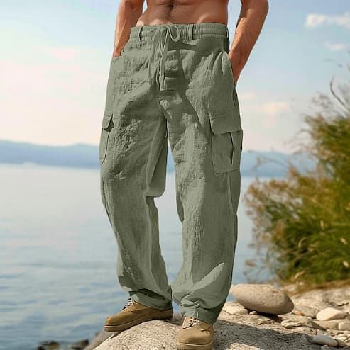 Amazon New Men's Linen Four-Season Thin Breathable Cargo Pants with Multiple Pockets, Loose Casual Trendy Wide-Leg Pants