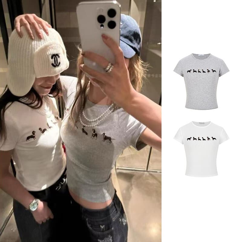 Jennie Jin Zhini same necklace dog print short-sleeved T-shirt women's 2026 summer foreign trade Korean slim-fitting top