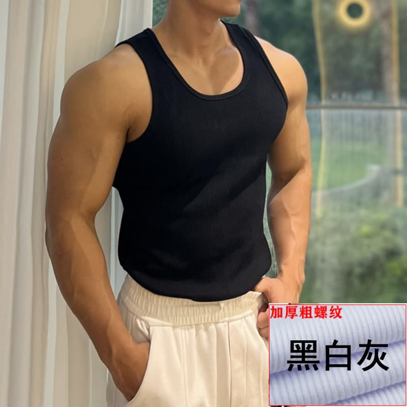 Men's Tank Top Muscle Vest Stretch Fitness Vest Adult Male Sweat-Absorbing Cotton Coarse Ribbed 2x2