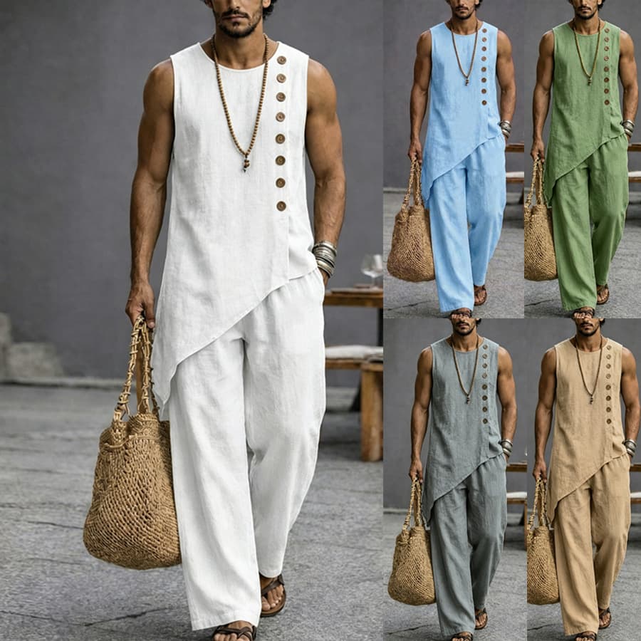 2026 cross-border European and American men's linen casual loose breathable irregular hem sleeveless shirt and trousers suit