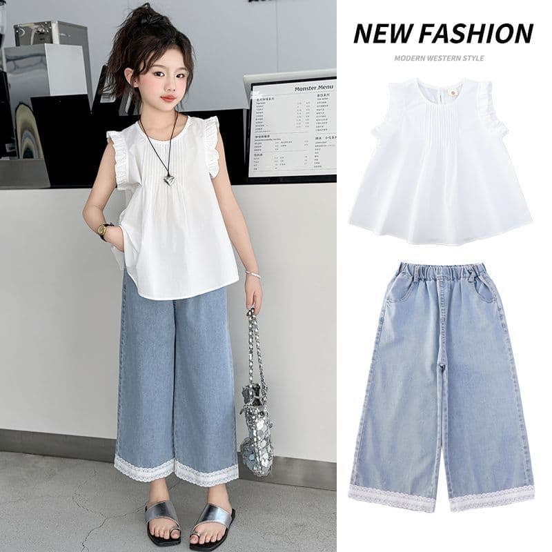 2025 Summer New Outfit Set, Girls' Denim Trendy Doll-Style Wide-Leg Pants Two-Piece