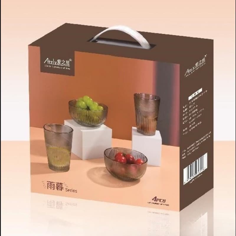 Glass Cup and Bowl Four-piece Set Bowl Nordic Gray Double-handled Bowl and Cup Set Breakfast Milk Cup Salad Bowl Bank Gift