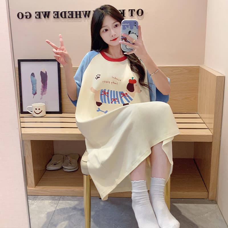 Korean-style Short-sleeved Nightgown Women's Summer Sweet Cute Student Cartoon Plus Size Girls Mid-length Pajamas Home Clothes