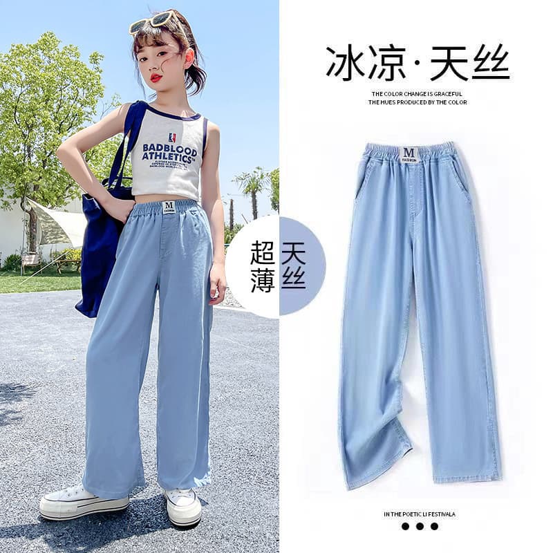 Girls' Summer Thin Tencel Mosquito-Repellent Pants, Children's Loose Trousers, Casual Summer Big Kids' Straight Wide-Leg Pants